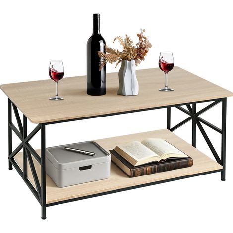 Table Basse, Table de Salon, Buffet Bas, Avec étagères, Cadre en Acier en Forme de X, 100x52x47cm, Style Industriel, Couleur bois Rustique et Noir par (1/5)
