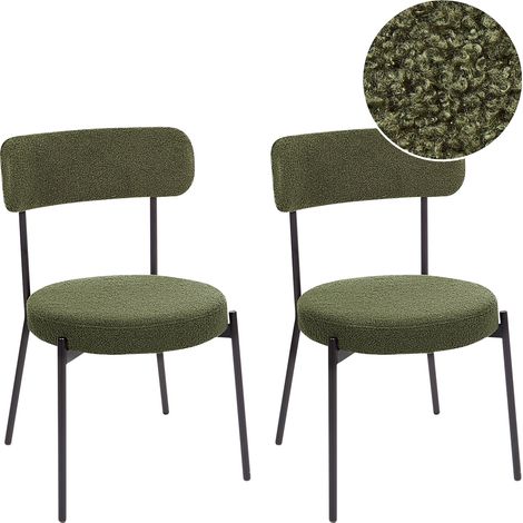 Conjunto de 2 sillas de comedor patas de acero negro con tapas sin reposabrazos bouclé verde oscuro Allison