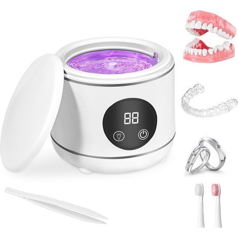 Ultraviolettes Ultraschall-Fixiermittel-Reinigungsgerät, 230 ml Prothesen-Fixiermittel-Reinigungsgerät, Zahnschienen-Bürstenkopf, Schmuck, Uhr - Armband mit drei Modi (Weiß) (1/5)