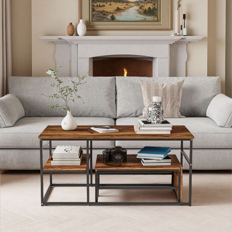 Table Basse, Table de Salon, Buffet Bas, avec Compartiment Ouvert, Cadre en Acier, 105 x 52 x 48 cm, Style Industriel, Marron Rustique et Noir (1/5)