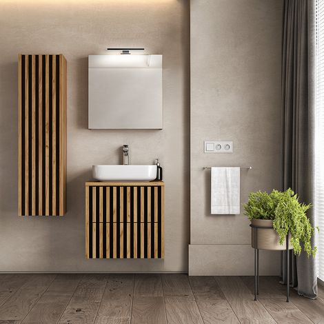Badmöbel Set LUCCA-107 Eiche Nb. mit Lamellenfronten, LED Spiegelschrank und Aufsatzwaschbecken, B/H/T: ca. 115/200/45,5 cm (1/5)