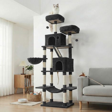 Arbre à Chat, Hauteur 203,5 cm, 2 Plate-forme, 13 Griffoirs, Panier, Hamac, 2 Niches, Pompon, Tissu Peluche, Noir (1/5)