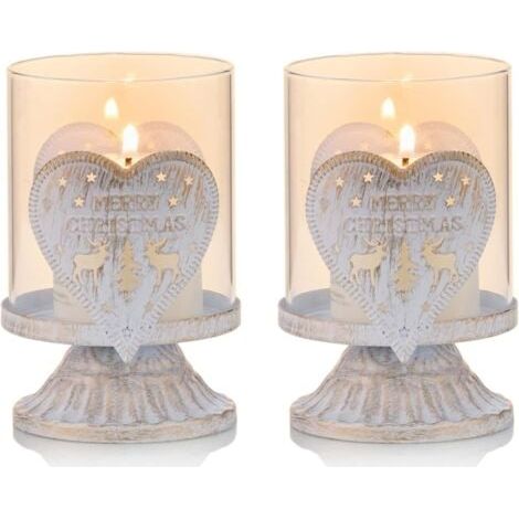Lot de 2 Bougeoirs Chandelier en Blanc Métal Supports pour Bougies Piliers(Cœur), Bougeoirs en Détresse de L'ouragan Préfèrent Pièces pour Décoration de Cheminée de Manteau de Table de Noël, Blanc (1/5)