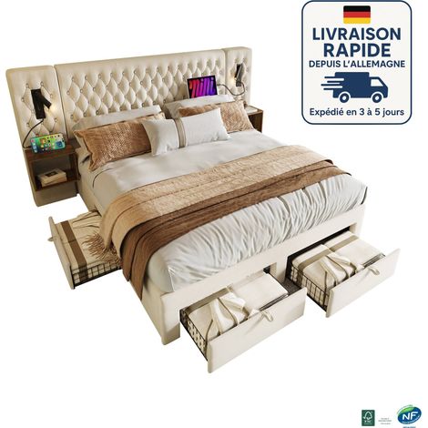 MODFU - Letto per adulti 160x200cm con 2 comodini, 4 cassetti, 2 lampade da lettura, USB+Type-C, letto matrimoniale imbottito, materasso incluso, velluto, beige