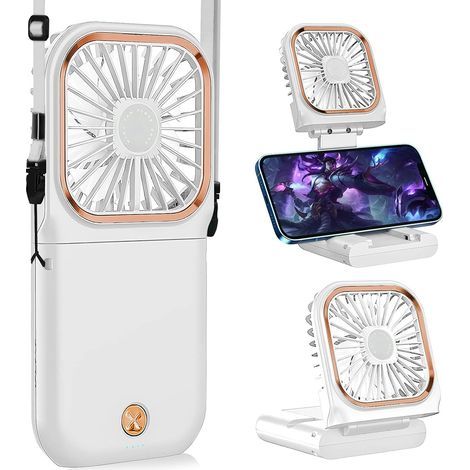 Ventilateur Cou Portable - Personnel - Silencieux pliable rechargeable USB support téléphone - Maison bureau voyage extérieur -Blanc (1/5)