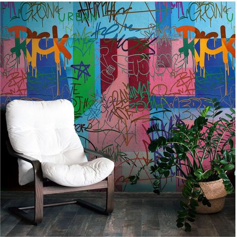 Photo wallpaper Profhome 398241 hot embossed non-woven wallpaper smooth graffiti matt blue fuchsia green yellow 1.59 m x 2.8 m (1/4)