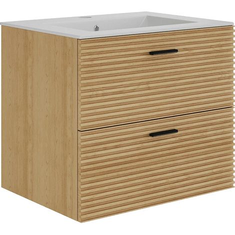 Meuble de salle de bain suspendu strié avec vasque à encastrer - 2 tiroirs - Naturel clair - 60 cm - SARONE (1/5)