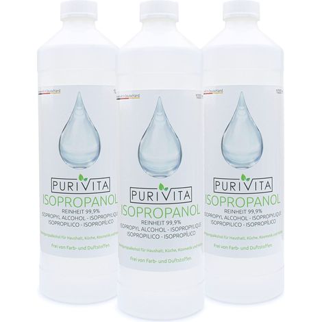 PURIVITA® Alcool Isoproilico 99,9% [3x1L] - Alcol Isopropanolo - Isopropyl Alcohol Disinfettante - Alcool Denaturato Etilico - Isopropanol Detergente per Casa, l'industria & l'elettronica (1/4)