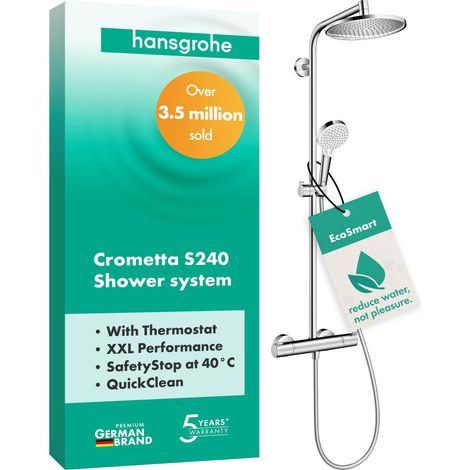 Hansgrohe Crometta S – Colonne de douche à économie d'eau (EcoSmart) avec mitigeur thermostatique, douche à effet pluie 240 mm, douchette à main, support, flexible, barre et pomme de douche ronde, Chr (1/5)