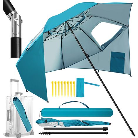 Randaco Strandschirm 210 cm Sonnenschirm mit UV Schutz 50+, neigbar mit Erdspieß und Tragetasche, wasserabweisender Gartenschirm für Strand, Garten & Balkon – Himmelblau mit Spiral-Erdspieß