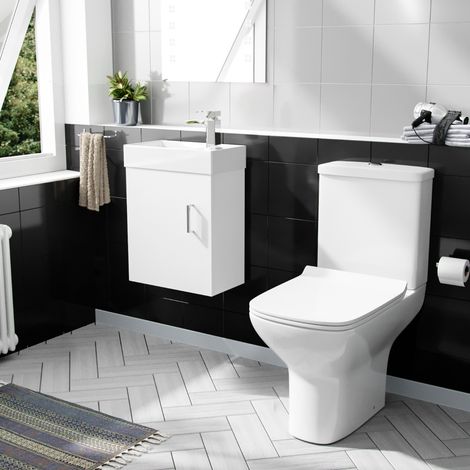 Nanuya 400mm Cloakroom Wall Hung Basin Vanity Unit & Rimless Close Coupled Toilet White (1/5)