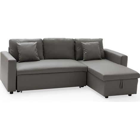Happy Garden – Canapé d'angle convertible 3 places taupe – Méridienne réversible – Coffre de rangement – Couchage 2 personnes – Simili – Dimensions 225x146x85cm (1/7)