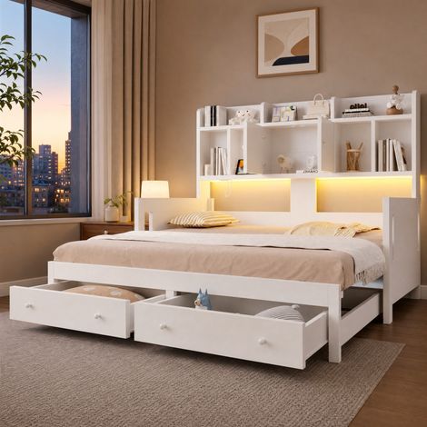 DESMIU Lit Banquette 1 Place avec 2 Tiroirs, Rangements, Prise et LED, 90 × 190 cm et 180 × 190 cm, Sans Matelas (1/5)