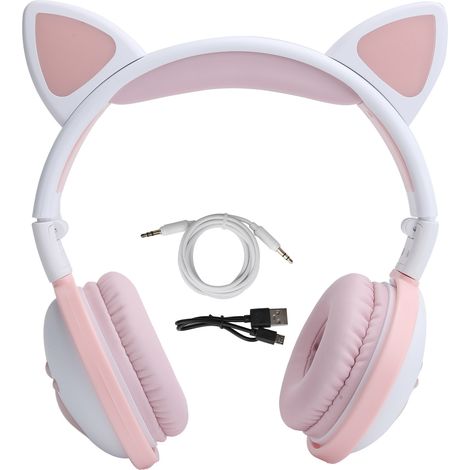 Casque Bluetooth Sportif avec Oreilles de Chat Lumineuses, Pliable et Sans Fil - Rose et Blanc (1/5)