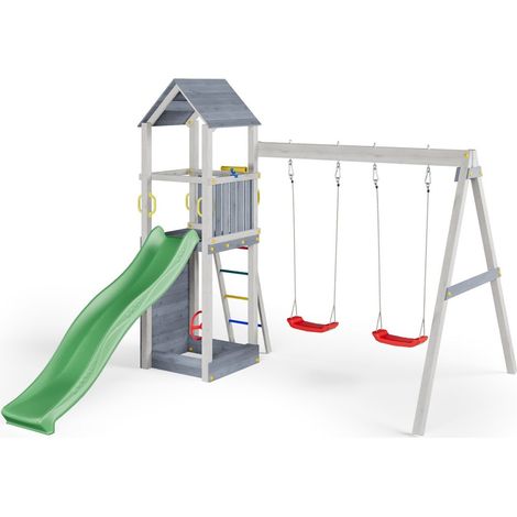 Funni Aire de Jeux Enfant Extérieure – Bois Gris/Blanc – Toboggan 2,2 m – Balançoire Double – Jusqu’à 6 Enfants – EN 71 (1/5)