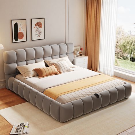 Lit rembourré 140x200 cm avec rangement hydraulique, lit double capitonné velours design robuste, tête de lit et côtés rembourrés, velours, gris (1/5)