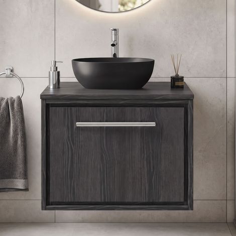 Hudson Reed Lille Wall Hung 1-Drawer Vanity Unit with Worktop 600mm Wide - Graphite Grey Woodgrain (1/5)