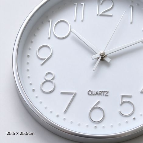 Horloge murale CL012-10, bordure argentée, fond blanc, dimensions 25,5 × 25,5 cm (1/2)