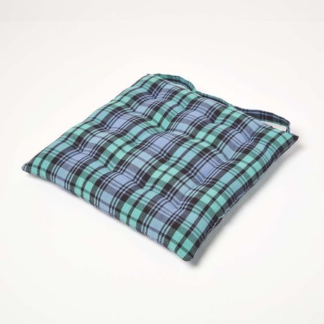 HOMESCAPES Blackwatch Tartan Seat Pad with Button Straps 100% Cotton 40 x 40 cm