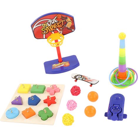 Ensemble de jouets pour oiseaux perroquets : basket-ball coloré, skateboard, puzzle anti-anxiété, sepak takraw à empiler. (1/5)