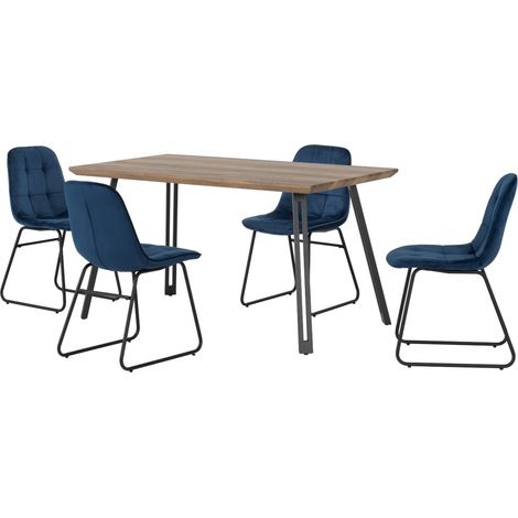 Quebec Straight Edge Dining Set with Lukas Chairs - Medium Oak Effect/Black/Sapphire Blue Velvet (1/5)