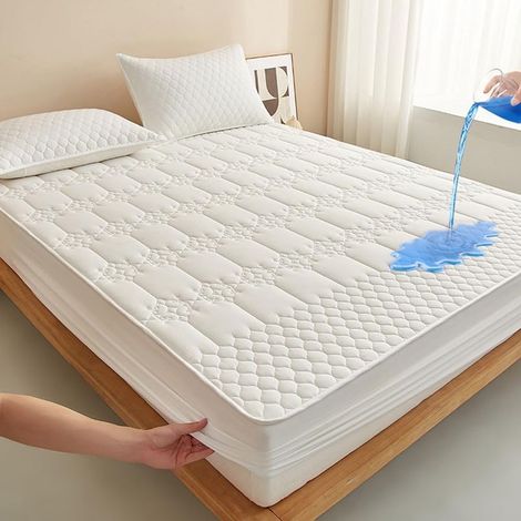 Protège-matelas matelassé imperméable pour lit double, drap-housse avec bonnets extensibles de 30 cm, surmatelas doux et silencieux pour un sommeil profond (Blanc, 150x200 cm) (1/5)
