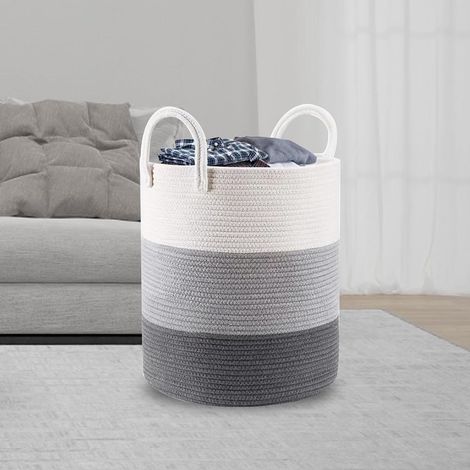 Corbeille à Linge Panier à Linge en Coton Tissé Panier de Rangement 40L Boho Corbeille a Linge de Qualité Supérieure avec Poignée Grand Paniere a Linge Pliable 35x40Cm (1/5)