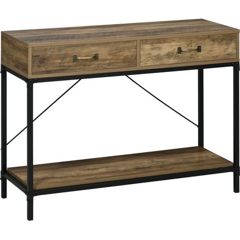 Consolle industriale marrone con 2 cassetti e ripiano inferiore 100 x 35 x 76,5 cm (1/5)