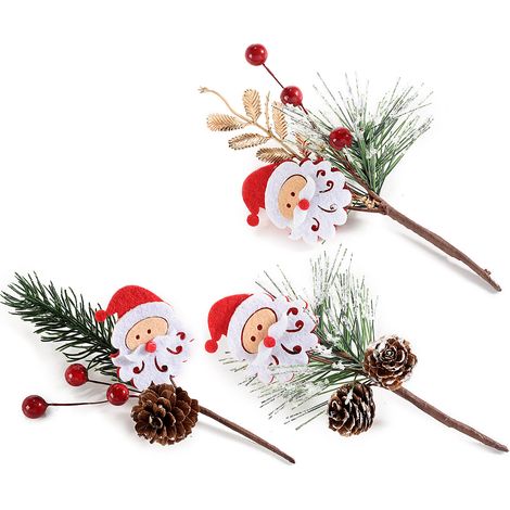 Mazzolini pick natalizi di aghi di pino con pigne innevate, decoro a Babbo Natale in panno, set da 36 pezzi, cm 10 H (con gambo 16)