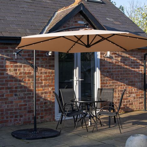Outdoor 4 Person Round Glass Top Garden Dining Table Chairs With Beige Banana Lit Parasol and Base (1/5)