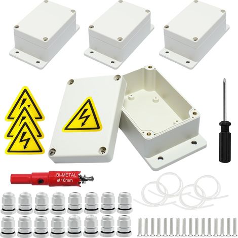 4 boîtes de jonction, IP67 Boîte de dérivation blanche étanche, Boîte de distribution apparente, boîtier électronique avec 16 presse-étoupes, plaques de sécurité, scie cloche 16 mm, tournevis (1/5)