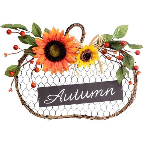 Couronne de Tournesols Artificiels, Couronne d'automne avec lumière LED Panneau en Bois d'automne Décorations de Thanksgiving Guirlande pour Halloween Décoration de Mariage à la Maison (1/5)