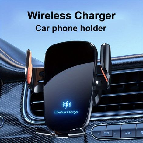 chargeur voiture sans fil 15W charge rapide support téléphone pince tableau bord grille aération utilisation une main (1/5)