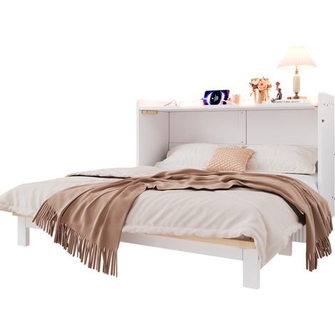 Letto armadio 140x200 cm bianco con cassetti sotto il letto, USB, presa, LED e piano lucido, struttura trasformabile salvaspazio per camera moderna - CHICFURN (1/5)