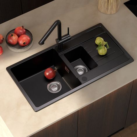 CECIPA MAX Granit Spüle 86×45 cm Aufsatzspüle 1,5 Becken mit Abtropffläche  Küchenspüle Granit  inkl. Siphon Ab- und Überlaufgarnitur