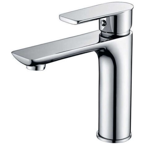 Grifo mezclador para lavabo de baño con maneta cuadrada de latón, mezclador de agua fría y caliente con monomando, color plata (sin manguera). (1/4)
