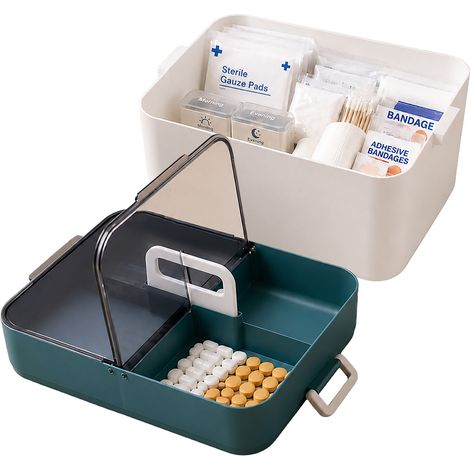 Relaxdays valigetta primo soccorso, 5 scomparti, inserto estraibile, plastica, A×L×P: 18 x 28,5 x 21 cm, bianco/petrolio (1/5)