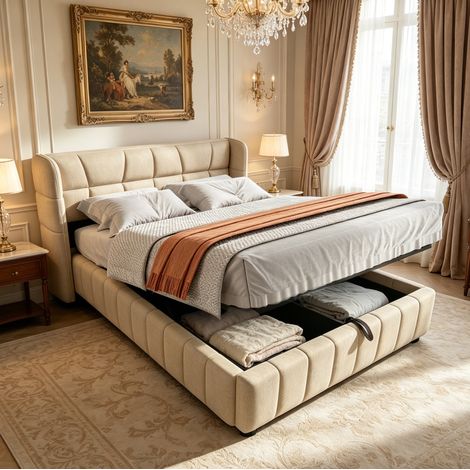 Letto imbottito con contenitore 213x150x101 cm, sistema di sollevamento, struttura in metallo, lino beige (1/5)
