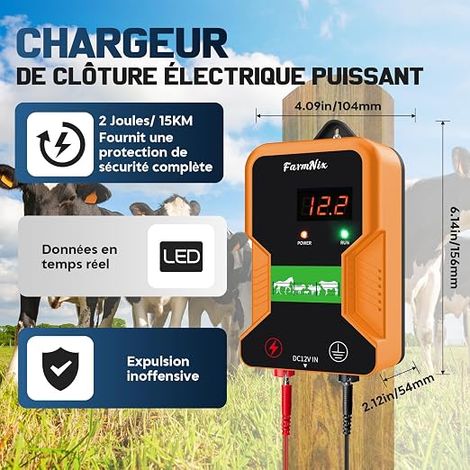 Electrificateur Cloture Electrique pour Animaux, 15KM 12V 2 Joules  Affichage LED, Protection pour Chevaux Bovins Vache Moutons Volaille Ferme Jardin Pâturages (1/4)