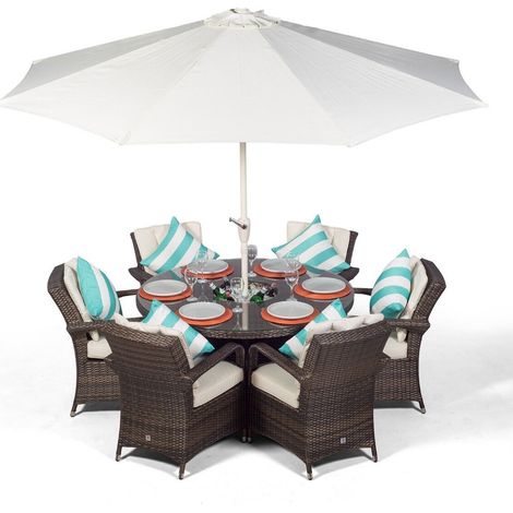 Arizona Round 6 Seater Patio Dining Set with Ice Bucket Drinks Cooler - Brown (1/5)