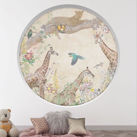 Stickers Trompe l'oeil Arche ronde Enfants - Animaux de la jungle - Diamètre 30 cm (1/4)