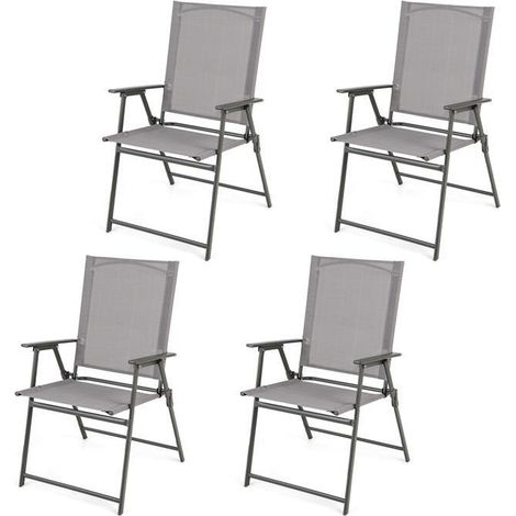 Goplus – Ensemble de 4 chaises de jardin pliantes en textilène – Dossier haut et accoudoirs – Charge maximale 150 kg – Pour terrasse et balcon – Gris