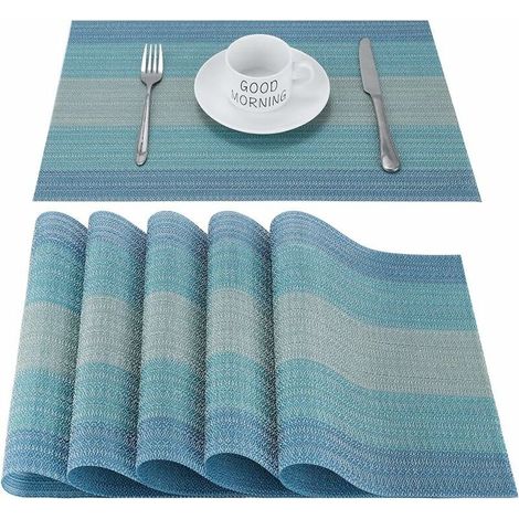 Sets de table en PVC antidérapants lavables pour salle à manger Sets de table rectangulaires en vinyle résistant à la chaleur, lot de 6 (bleu) (1/5)