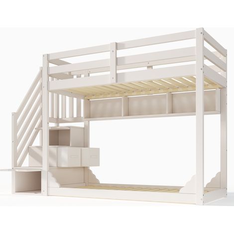 Kinder-Etagenbett 90x200 cm weiß aus Holz mit Stauraum-Treppe und Regalen MODENUIT (1/5)