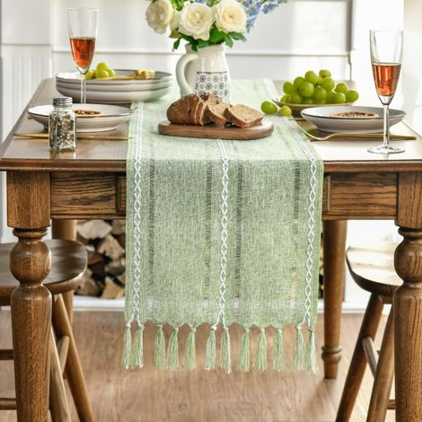 1 nappe/chemin de table rayé vert 35160cm (longueur des pompons comprise) (1/5)