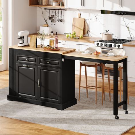 Îlot de cuisine sur roulettes, îlot de cuisine extensible avec compartiment poubelle et tiroirs, îlot de cuisine mobile et autoportant, idéal pour la cuisine et la salle à manger (noir) (1/4)