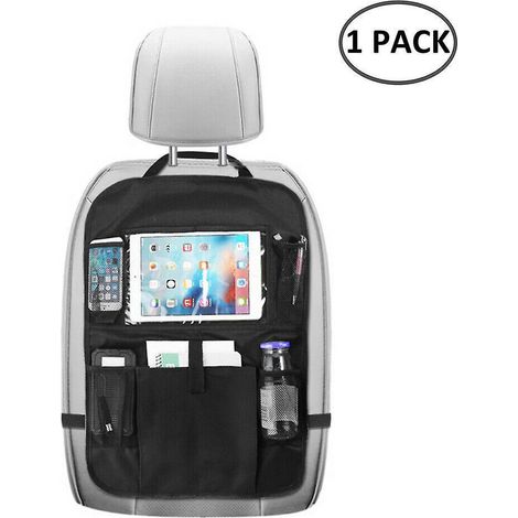 Housse de siège auto enfant avec organiseur de voiture et support transparent pour iPad, idéal pour ranger jouets, livres, biberons et aliments. (1/3)