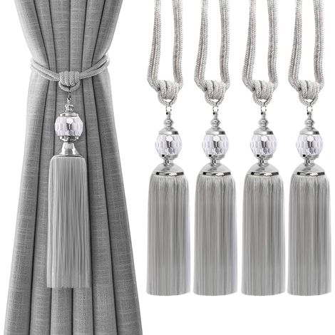 Attache-Rideau Gland - Corde Tressée Avec Boule En Cristal - Décoration Fenêtre Salon Chambre - Lot De 4 (1/4)