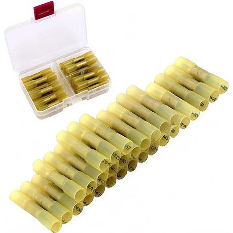 Connecteurs bout à bout thermorétractables, kit de connecteurs de bornes à sertir CESFONJER, connecteurs sans soudure, connecteurs de fils étanches jaunes adaptés aux câbles 12-10 AWG (30 pièces)