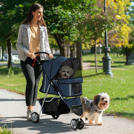 Poussette pliable pour animaux de compagnie, sac de transport pliable pour chien/chat avec porte-gobelet, acier Oxford 600D, 75 x 45 x 97 cm, bleu foncé (1/5)